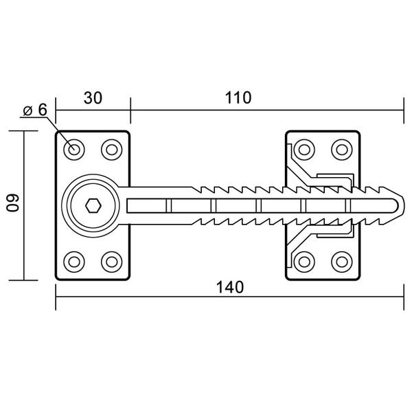 Technische Zeichnung eines Fensterfeststellers mit Maßangaben in Millimetern.