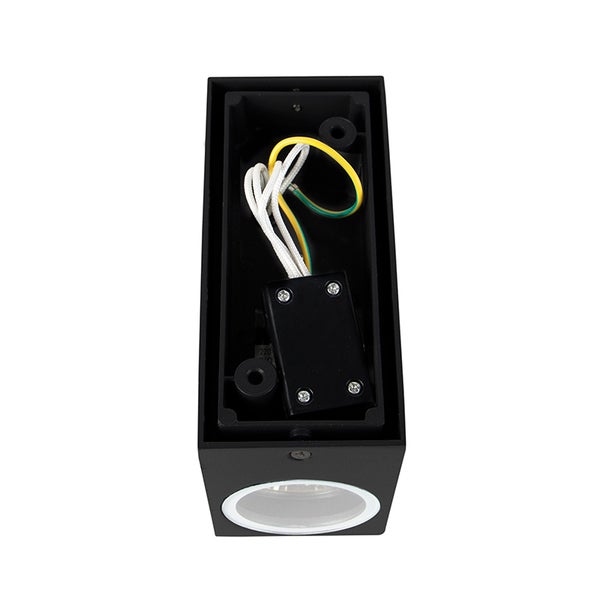 Rückansicht einer schwarzen rechteckigen Außenwandleuchte mit sichtbarer Innenverkabelung und Anschlussbox.