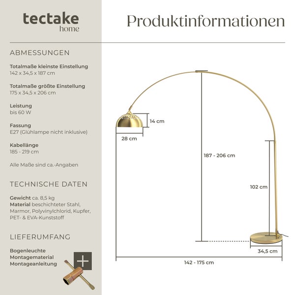 Produktinformationen Bogenleuchte mit Abmessungen und technischen Daten