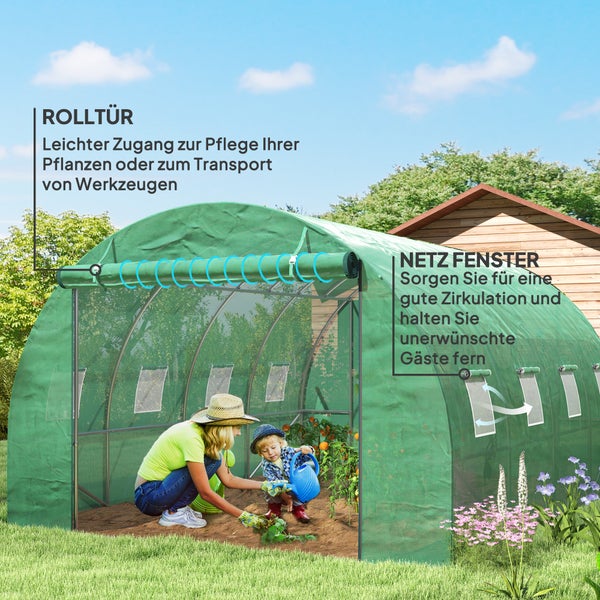 Outsunny Gewächshaus Foliengewächshaus mit 8 Fenster, Rolltür, Aufrollbar Seitenwänden, UV-beständiger Folientunnel, Winterfest Tomatenhaus mit Erdanker, Grün
