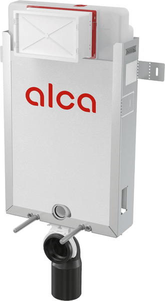 Vorwandelement für Wand-WC von Alca mit Spülkasten und Montagerahmen aus Metall.