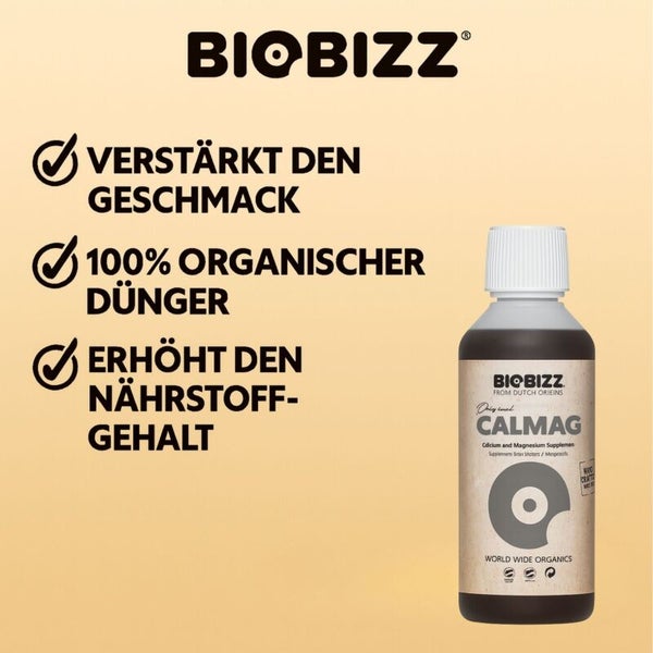 Biobizz Calmag organischer Calcium-Magnesium-Dünger. Verstärkt Geschmack, erhöht Nährstoffe und ist 100 Prozent organisch. Biobizz Logo.