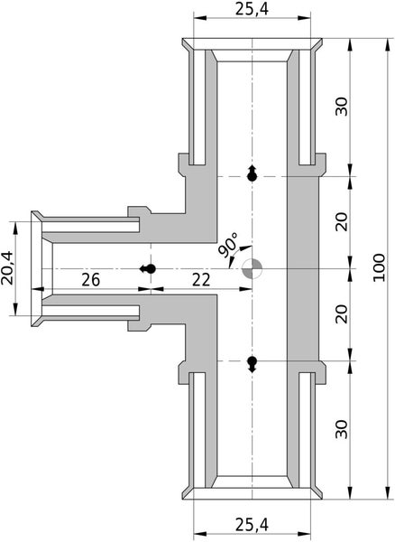 Technische Zeichnung eines T-Stücks mit Maßen in Millimetern und einem Winkel von 90 Grad.