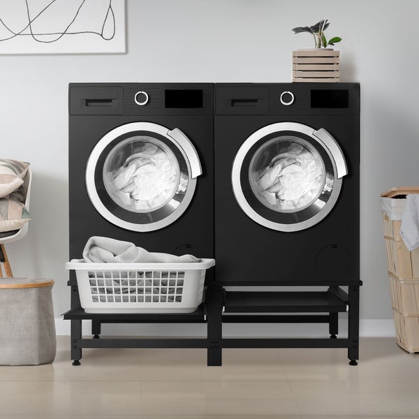 ML-Design Doppel Waschmaschinen-Untergestell mit 2 ausziehbaren Ablagen, Schwarz, Stahl, bis 2x 150kg + 10 kg, verstellbare Füße, Waschmaschinensockel 2-Fach, Doppeluntergestell Doppelpodest Erhöhung