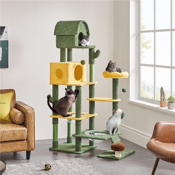 Katzenkratzbaum mit mehreren Ebenen, Häusern und Liegeflächen, genutzt von mehreren Katzen