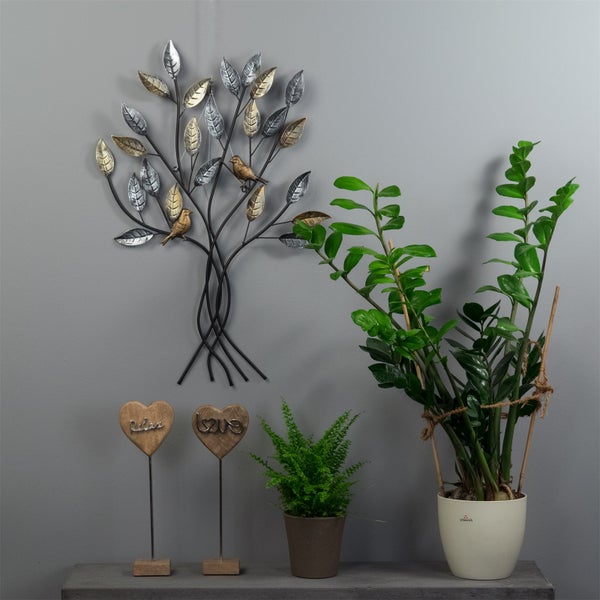 Wanddeko Baum mit Vögeln 76x50 cm, Metall silber-gold