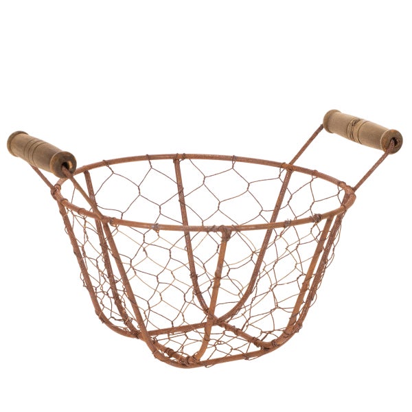 Drahtkorb mit Holzgriffen, sechseckiges Geflecht aus Metalldraht.