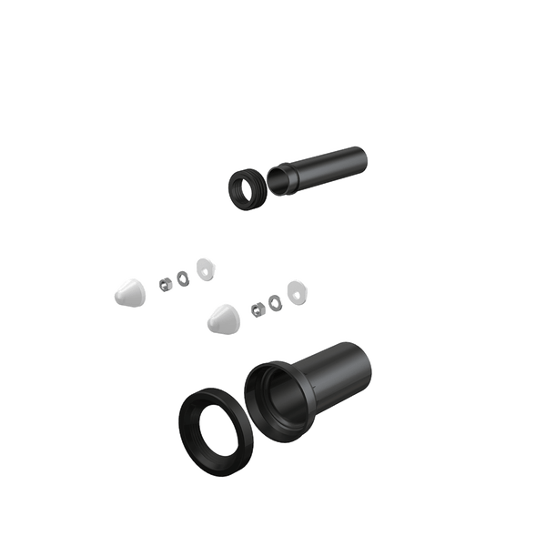 WC-Anschlussset mit zwei schwarzen Rohren aus Kunststoff inklusive Dichtungsringen, Abdeckkappen, Muttern und Unterlegscheiben.