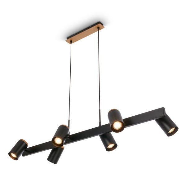 Pendelleuchte aus Metall und Holz mit sechs verstellbaren Spots in Schwarz