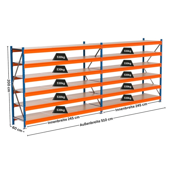 Abbildung von zwei miteinander verbundenen Schwerlastregalen mit den Maßen 200 cm Höhe, 60 cm Tiefe und 510 cm Außenbreite