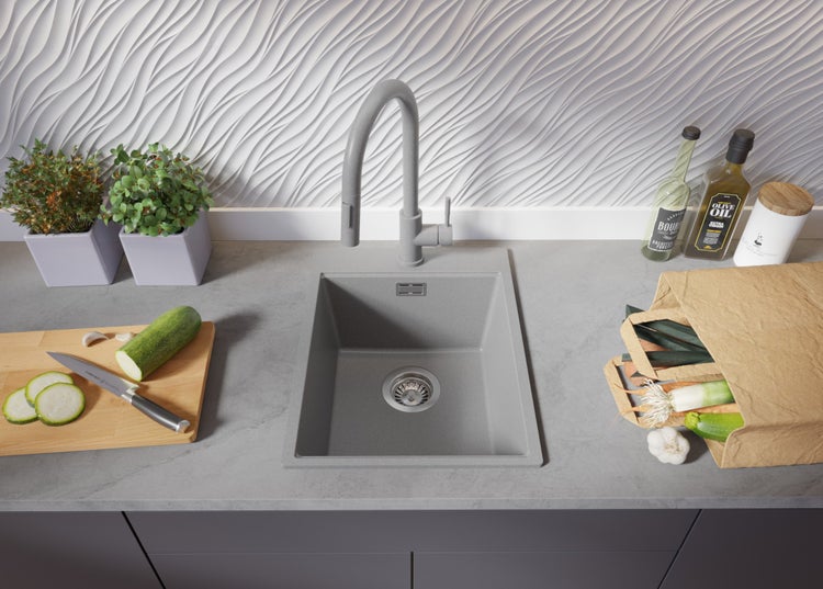 PRIMAGRAN Spülbecken Grau 38x50cm, Granitspüle 1 Becken + Ablauf-Set + Schneidebrett, Küchenspüle ab 40er Unterschrank - Oslo