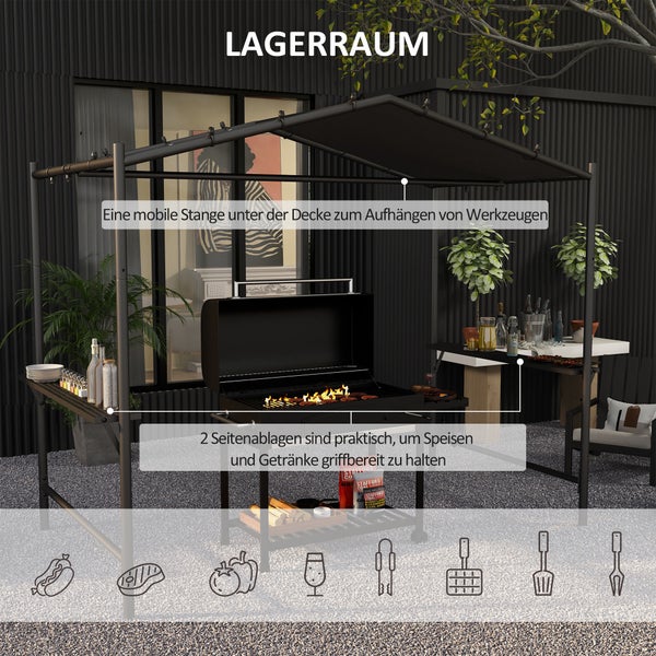 Outsunny Grillpavillon 277 x 149 x 230 cm wasserdicht flammhemmend Gartenpavillon mit Seitenregalen, Gartenlauben mit UV-Schutz, BBQ Pavillon aus Stahl, Gartenzelt Grillzelt für Party BBQ, Dunkelgrau