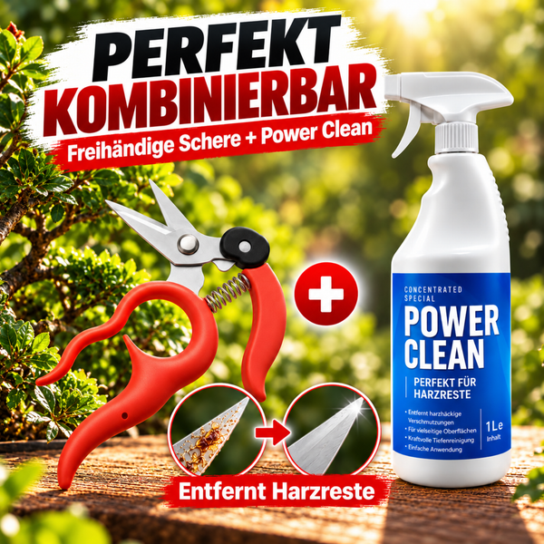 Set bestehend aus einer manuellen Gartenschere und Power Clean Reinigungsspray zur Entfernung von Harzresten und Verschmutzungen.