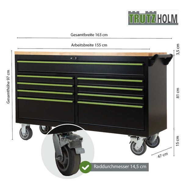 Werkbankwagen mit Schubladen und Holzplatte, Maße sind abgebildet