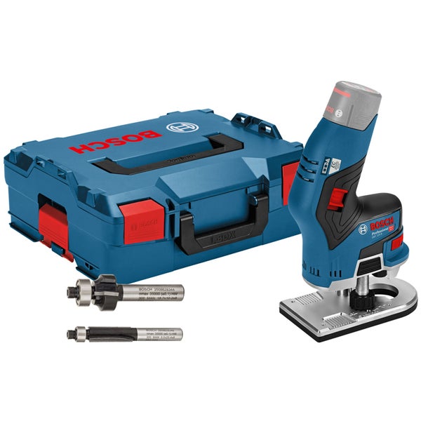Bosch Professional Akku-Kantenfräse GKF 12 Volt 8 mit bürstenlosem Motor, zwei Fräsern und L-BOXX Transportkoffer.