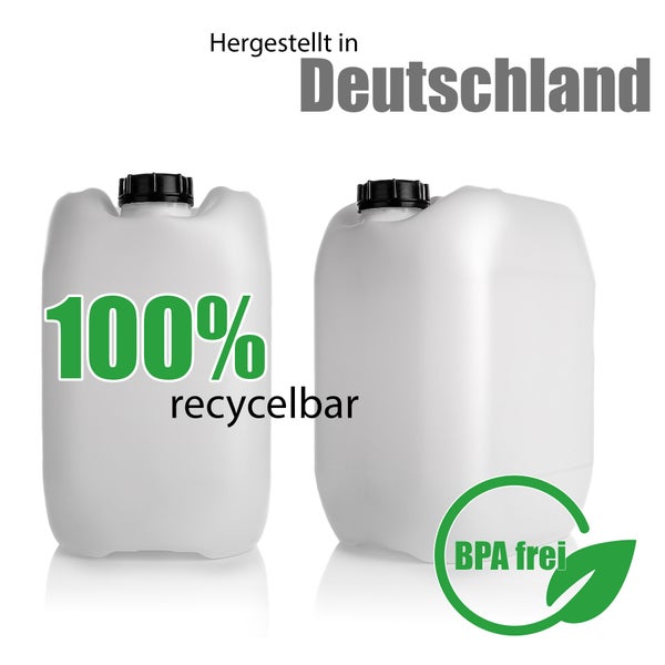 Zwei weiße Kunststoffkanister mit Schraubverschluss, hergestellt in Deutschland, 100 Prozent recycelbar und BPA-frei
