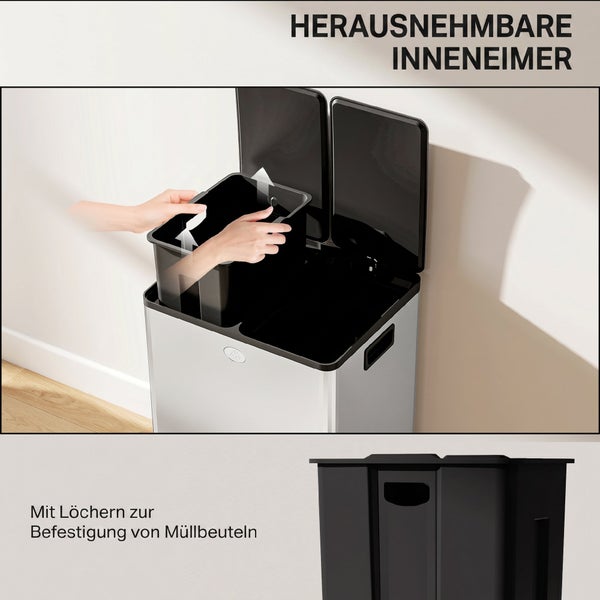 Abfalltrennsystem mit herausnehmbaren Inneneimern und Löchern zur Befestigung von Müllbeuteln für einfache Mülltrennung.