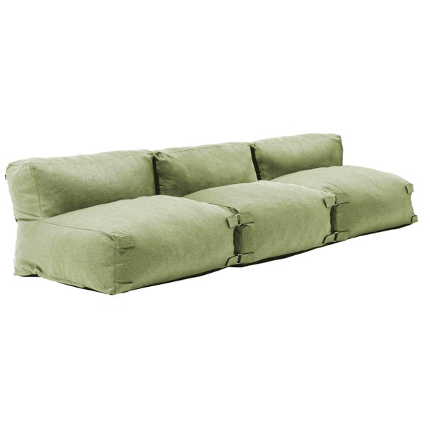 Dreisitziges Lounge-Sofa aus grünem Stoff mit Verbindungsschnallen.