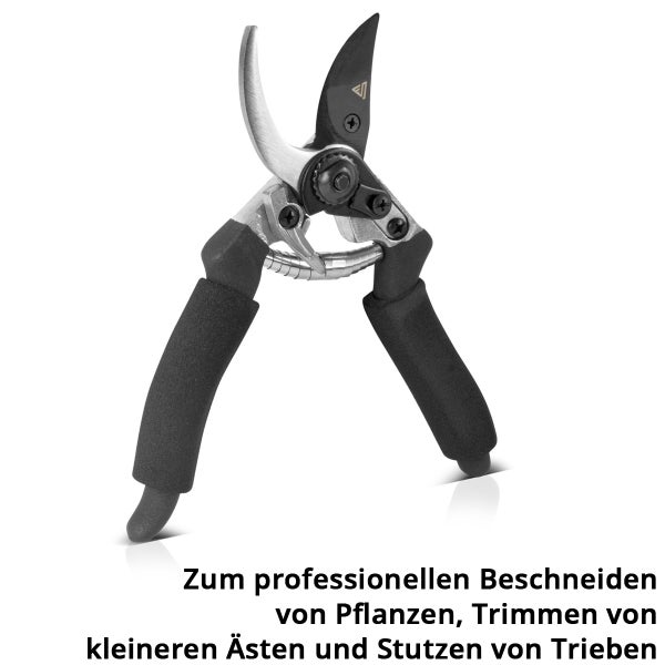 Bypass Gartenschere mit schwarzen Schaumstoffgriffen zum professionellen Beschneiden von Pflanzen, Trimmen von Ästen und Stutzen von Trieben.