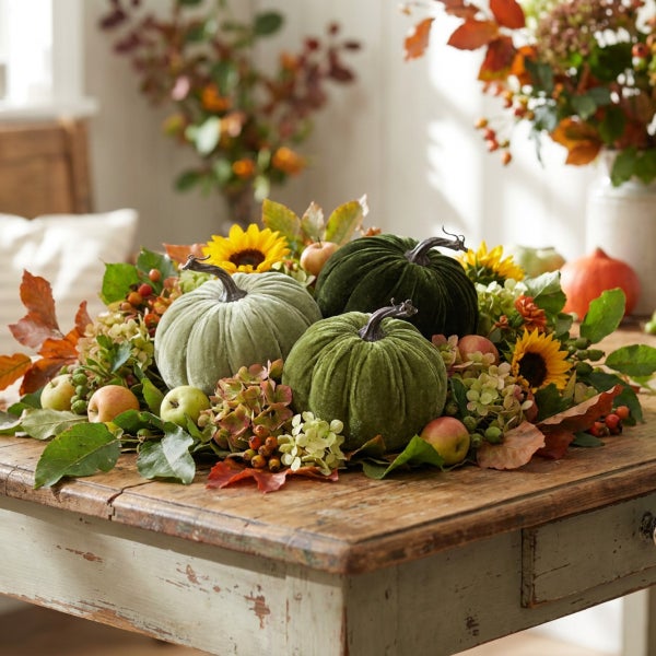 Herbstliche Tischdekoration mit Samtkürbissen, Sonnenblumen, Äpfeln und herbstlichem Laub auf einem rustikalen Holztisch.