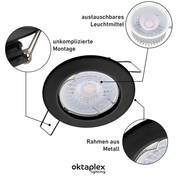 Oktaplex Lighting 6er Set LED Einbaustrahler Sedan - mit LED Modul 4,8W 2700K 230V 380lm Warmweiß 110° - Spot Schwarz Lochmaß 60mm