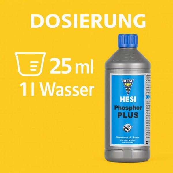 Dosierung für Hesi Phosphor Plus Dünger: 25 Milliliter pro 1 Liter Wasser.
