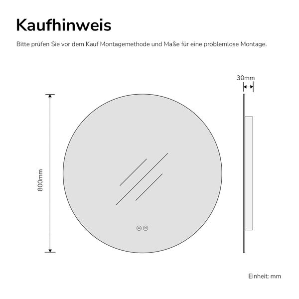 Technische Zeichnung eines runden Wandspiegels. Durchmesser 800 Millimeter, Tiefe 30 Millimeter. Hinweis zur Prüfung der Maße vor dem Kauf.