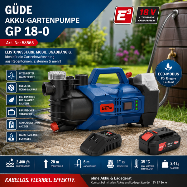Güde Akku-Gartenpumpe GP 18-0 für 18 Volt Lithium-Ionen Akkusystem mit integriertem Wasserfilter und Tragegriff im Garten neben einer Regentonne.