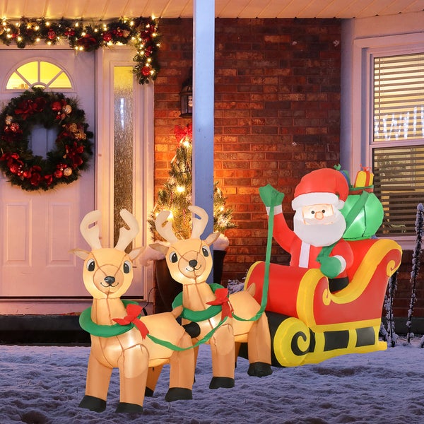 HOMCOM Aufblasbarer Weihnachtsmann mit Rentieren, 6 LEDs, 240 cm Wetterfest Weihnachtsdeko Selbstaufblasend Weihnachtsdekoration für Innen- und Außenbereich
