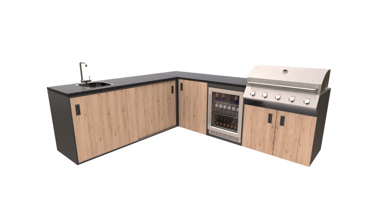 Außenküche mit Spüle, Kühlschrank und Grill