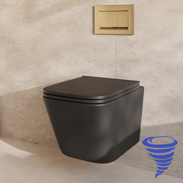Hängendes Wand-WC in mattem Design mit passendem Toilettendeckel und goldener Betätigungsplatte an einer gefliesten Wand