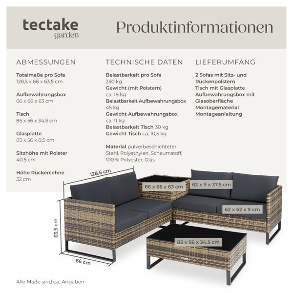 Produktinformationen zu einem Loungeset mit zwei Sofas, einem Tisch mit Glasplatte und einer Aufbewahrungsbox