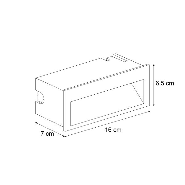 Technische Zeichnung einer rechteckigen Einbauwandleuchte: Breite 16 Zentimeter, Höhe 6,5 Zentimeter, Tiefe 7 Zentimeter.