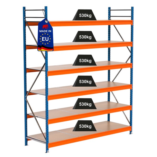 Regal mit fünf Ebenen und einer Traglast von 530 Kilogramm pro Ebene, Etikett Made in EU