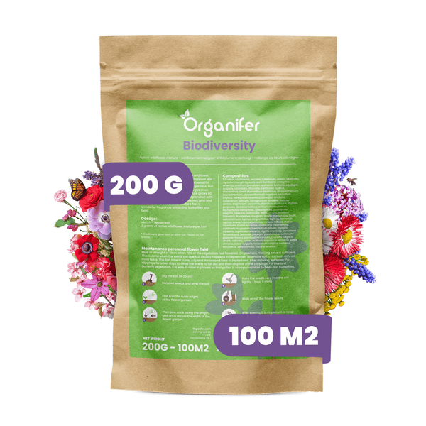 Organifer Biodiversität Wildblumenmischung 200 Gramm für 100 Quadratmeter in einer Papiertüte mit floraler Illustration