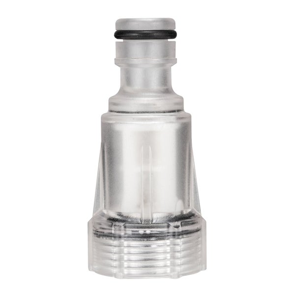 Transparenter Schlauchanschluss aus Kunststoff mit schwarzer Gummidichtung.