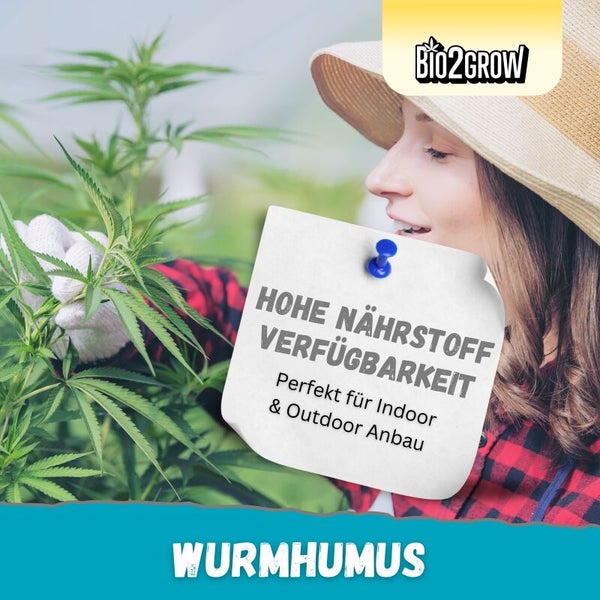 Frau mit Gartenhut und Gartenhandschuhen, daneben eine Notiz mit dem Text: Hohe Nährstoffverfügbarkeit. Perfekt für Indoor- und Outdoor-Anbau. Im Vordergrund steht Wurmhumus.