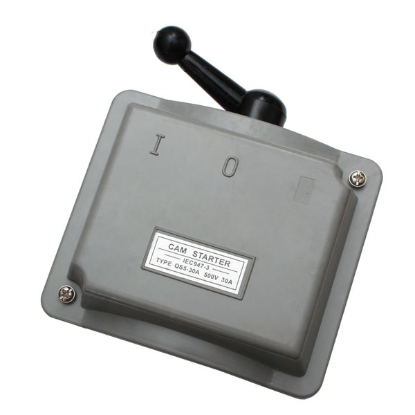 Nockenschalter QS5-30A für Motoren, 500 Volt, 30 Ampere, mit manuellem Hebel zur Steuerung.