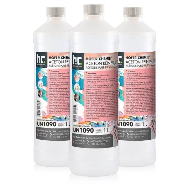 Drei Flaschen Höfer Chemie Aceton Rein 99,5 % zur Entfernung von Harzen, Fetten, Ölen und Nagellack
