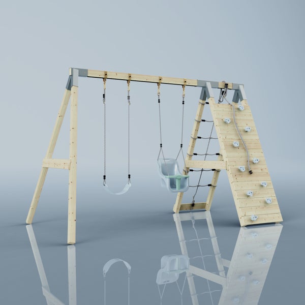 Kinderschaukel aus Holz mit zwei Schaukelsitzen, einer Kletterwand mit Griffen und einer Strickleiter für den Garten.