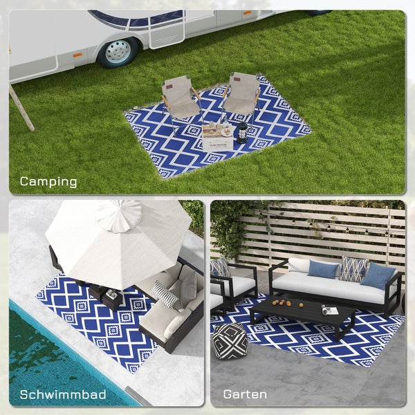 Outsunny Outdoor-Teppich, mit Tragetasche, wasserabweisend, für Camping, Terrasse,  Kunststoff, Blau+Weiß, 182 x 274 cm