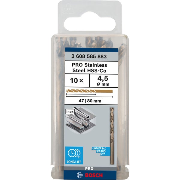 Bosch Pro Edelstahl Stahlbohrer HSS-Co Set, 10 Stück, 4,5 mm Durchmesser