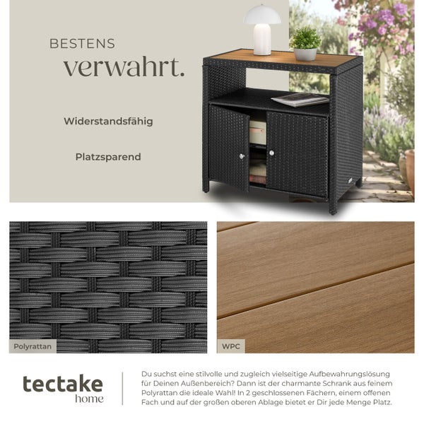 Gartenschrank aus Polyrattan mit WPC-Platte, ein offenes Fach und zwei Türen, wetterfest und platzsparend. tectake home Logo.