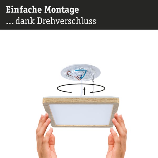 Quadratische Deckenleuchte in Holzoptik mit einfacher Montage durch Drehverschluss am Deckenhalter.