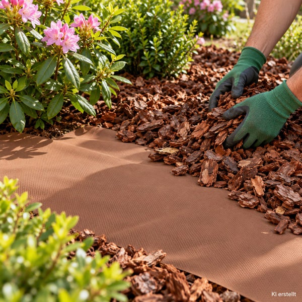 Gartenarbeit mit Unkrautvlies und Rindenmulch im Blumenbeet mit Rhododendren