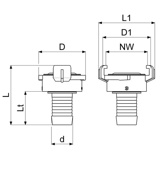 Technische Zeichnung einer Schlauchkupplung mit Maßangaben für Länge, Durchmesser und Nennweite.