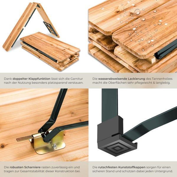 Gartengarnitur mit Klappfunktion und wasserabweisender Lackierung, robuste Scharniere und rutschfeste Kunststoffkappen für sicheren Stand.