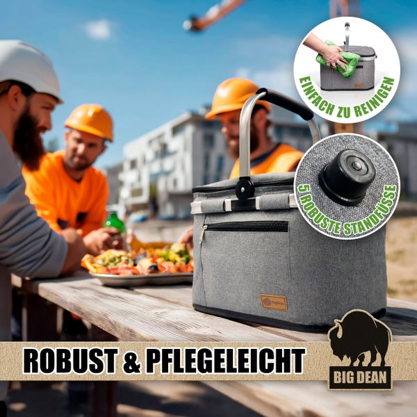 Graue Kühltasche mit Metallgriff und Logo der Marke Big Dean bei Bauarbeitern