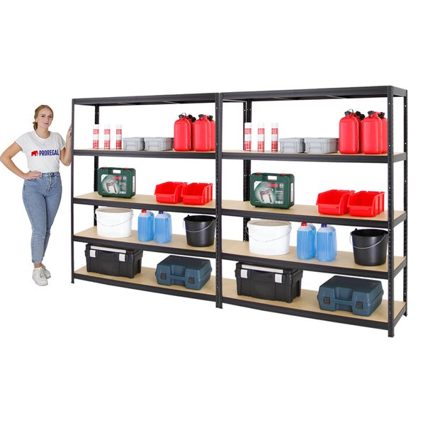 PROREGAL Mega Deal 2x Schwerlastregal Giant Elephant HxBxT 180 x 150 x 45 cm Fachlast 200 kg Schwarz