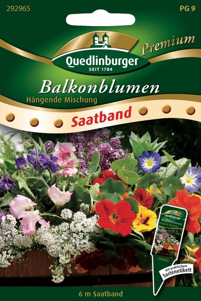 Quedlinburger Logo auf Packung für hängende Balkonblumenmischung auf 6 Meter langem Saatband, inklusive Sortenetikett und Abbildung bunter Blumen.